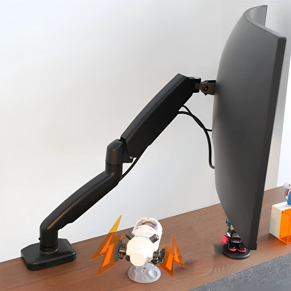 Black metal LCD screen rotating telescopic bracket elevated on desktop with adjustable angle
