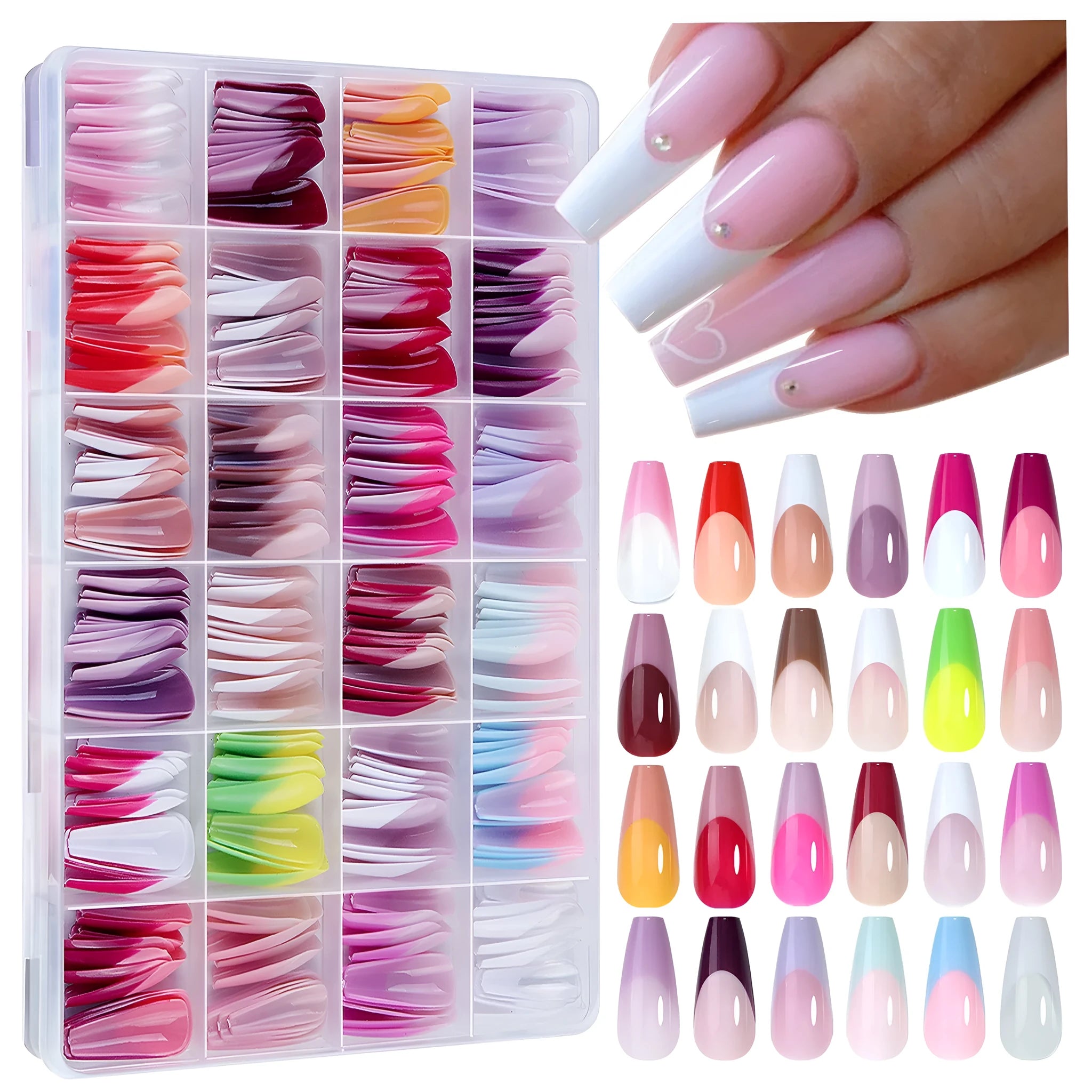 Box of 288 French manicure design nail stickers with seamless, ultra-thin removable decals.