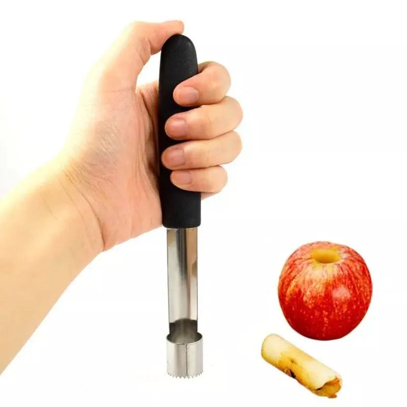 Stainless steel fruit corer with 178mm length and 20mm diameter on white background
