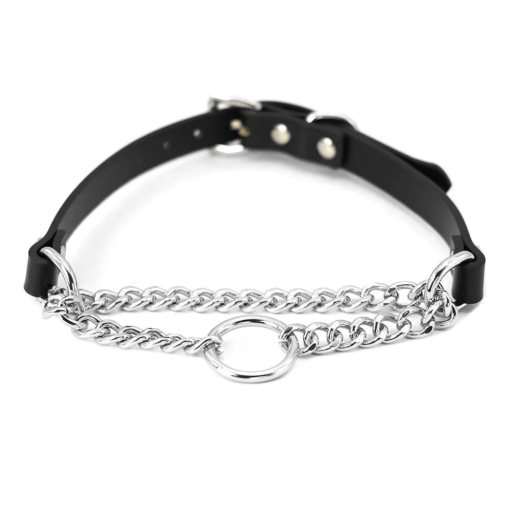 Black cowhide leather punk collar with hand grip rope adjustment and matching leash