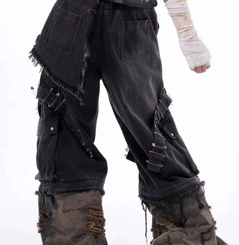 Men's grey camouflage splicing jeans with decorative pin and ribbon details
