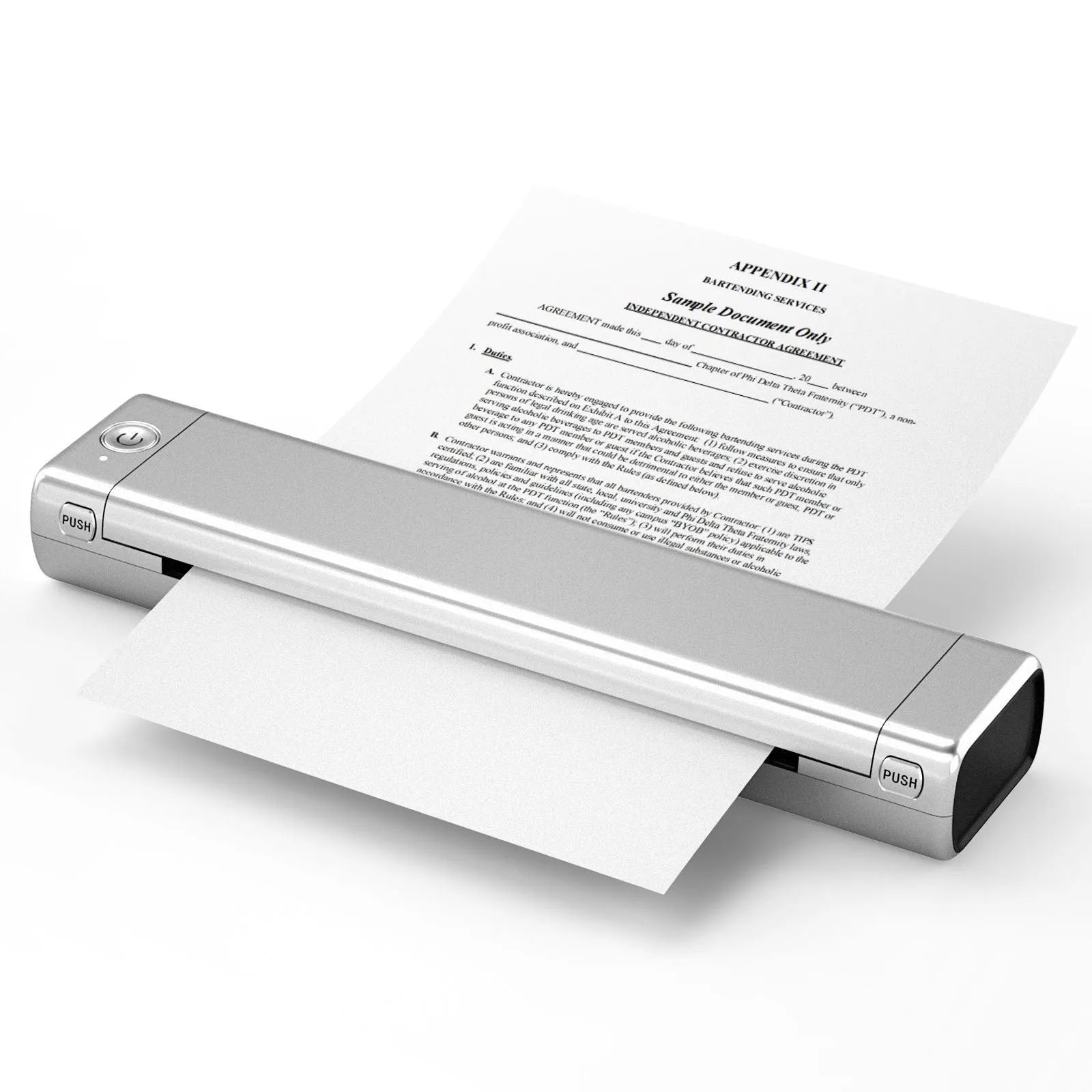 Phomemo M08F white portable A4 thermal printer on a desk next to a mobile phone.