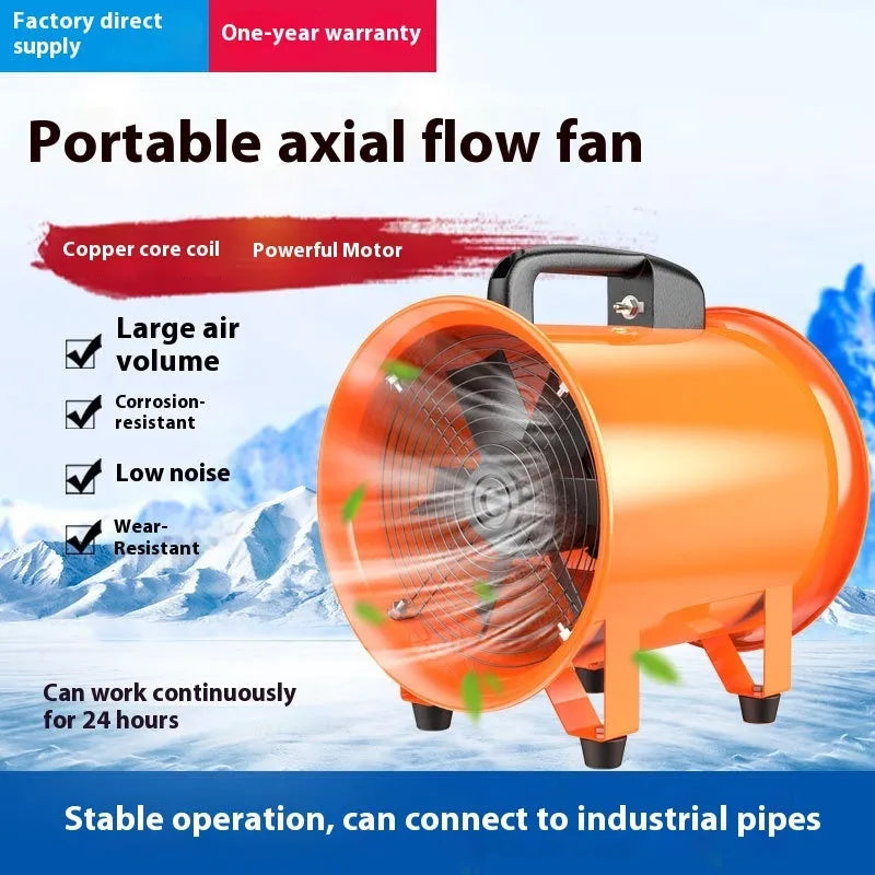 8-inch titanium steel industrial axial flow fan for dust removal and ventilation with a 5-metre air duct.