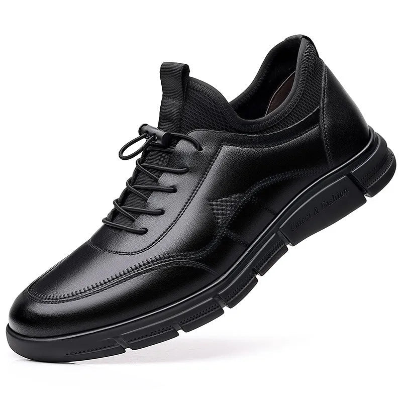 Men's black casual leather shoes with low square heel and round toe design