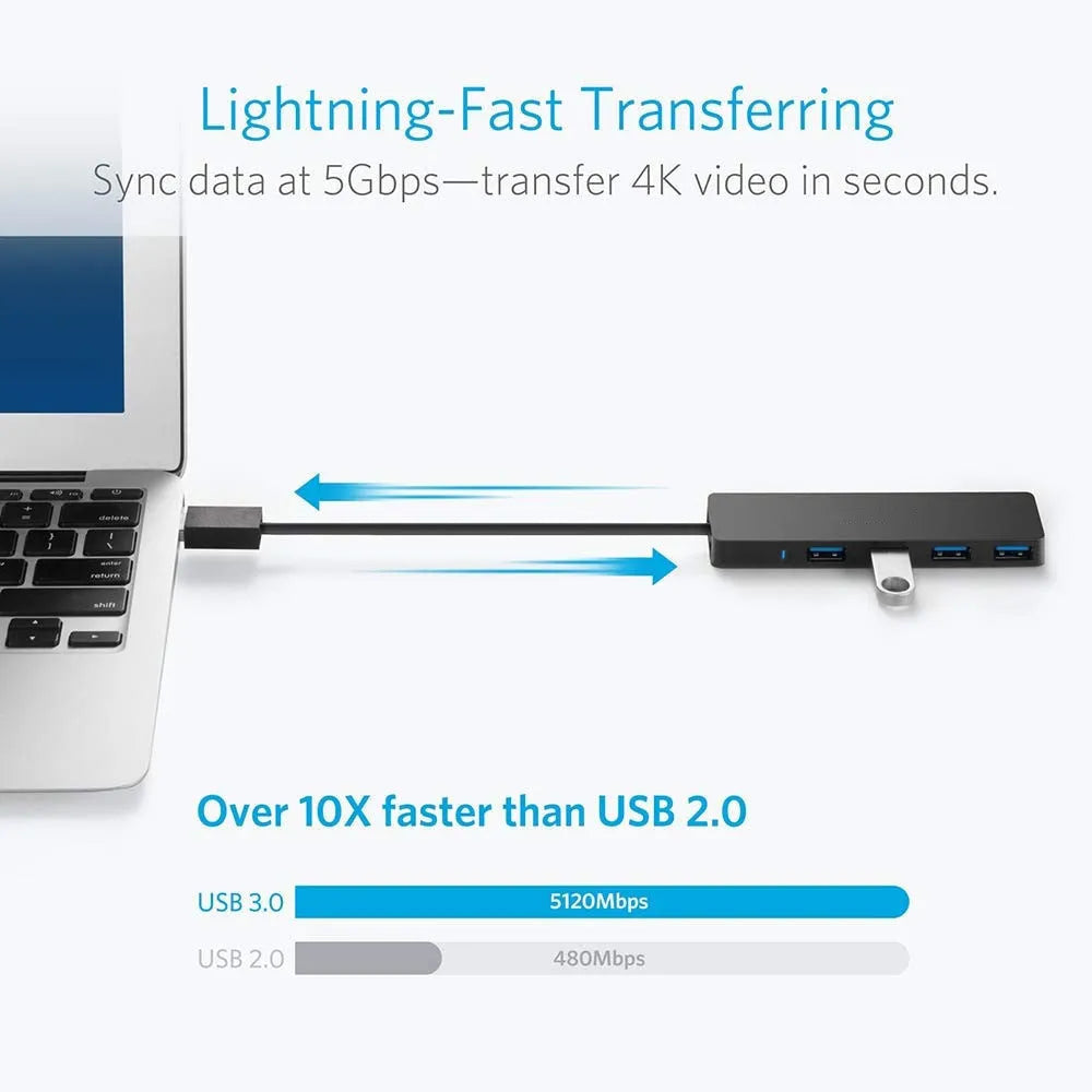 Black USB 3.0 hub with four ports, LED indicators, and a 30cm connection cable.