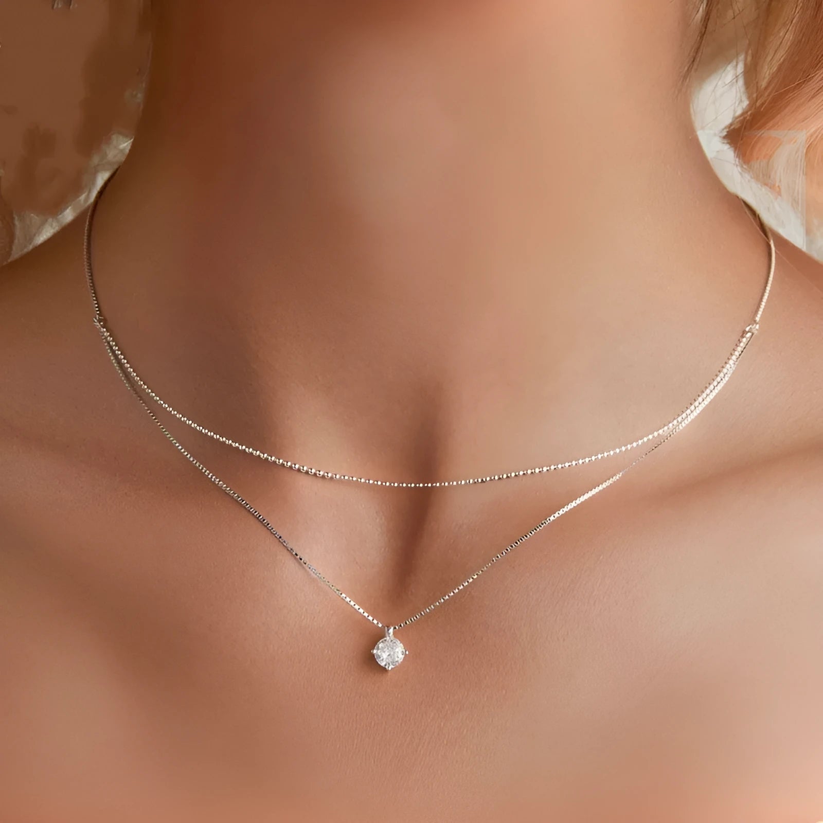 Women's S925 sterling silver double-layer necklace with pearl chain in silver colour