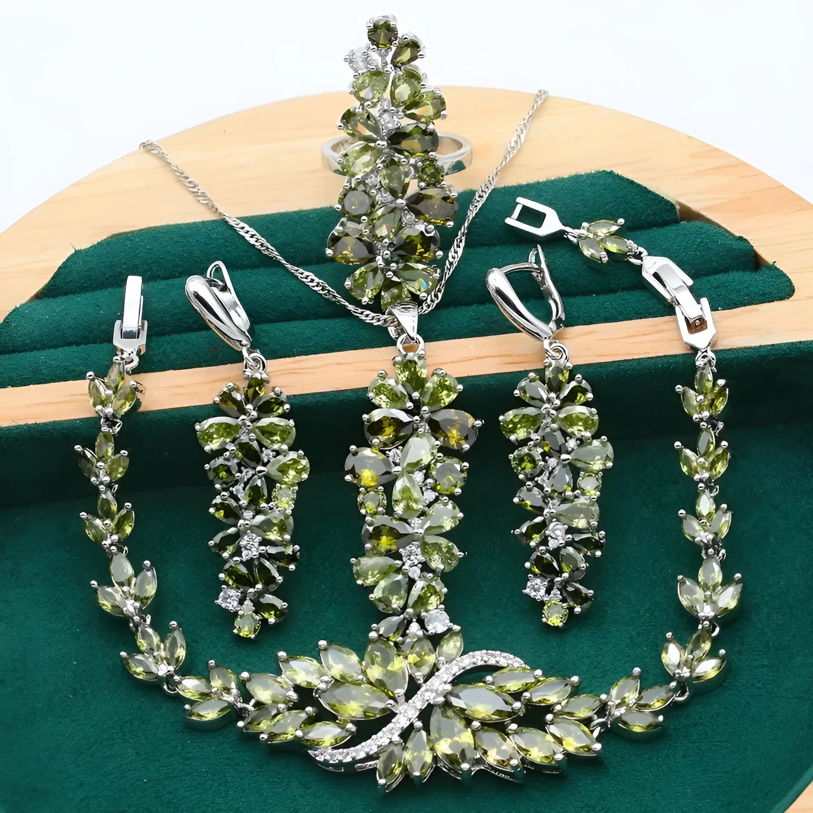 Complete retro floral jewellery set with copper alloy and zircon inlay, showing necklace, bracelet, earrings and ring