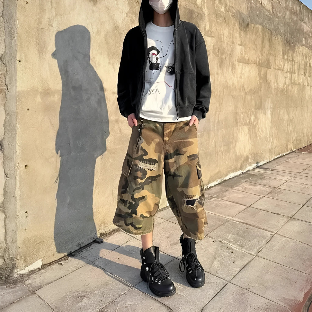 Men's camouflage cropped jeans with retro patches and ripped knees in straight cut loose fit