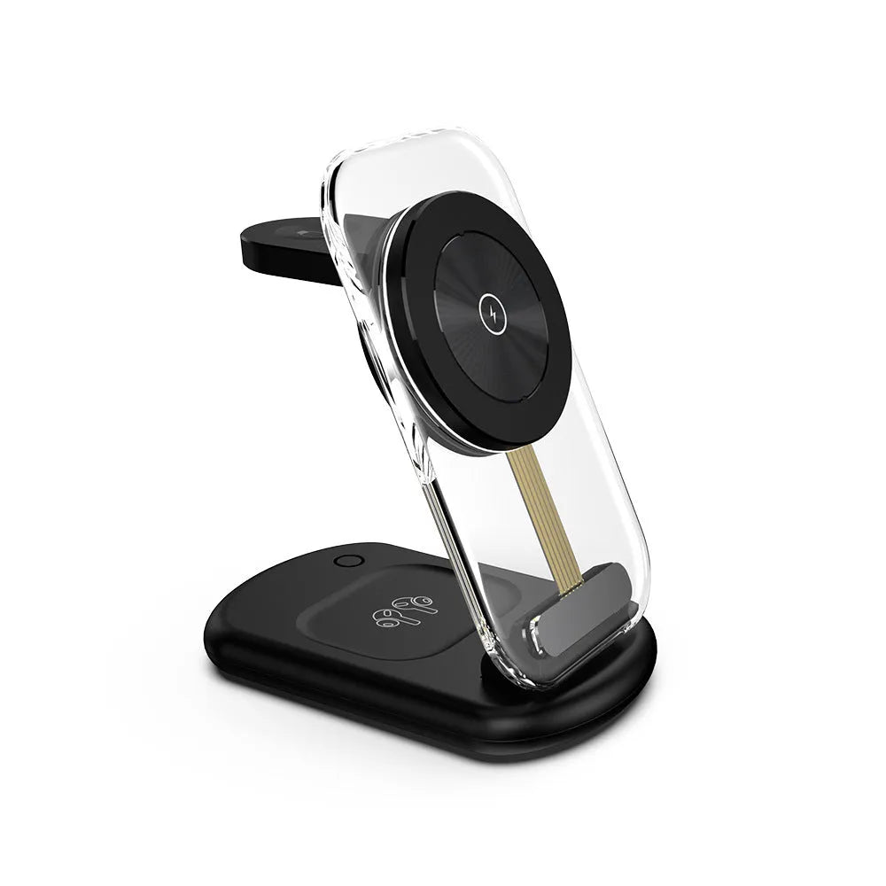 Transparent folding magnetic three-in-one wireless charger in black, showing fast charge QC3.0 and 18W output details.