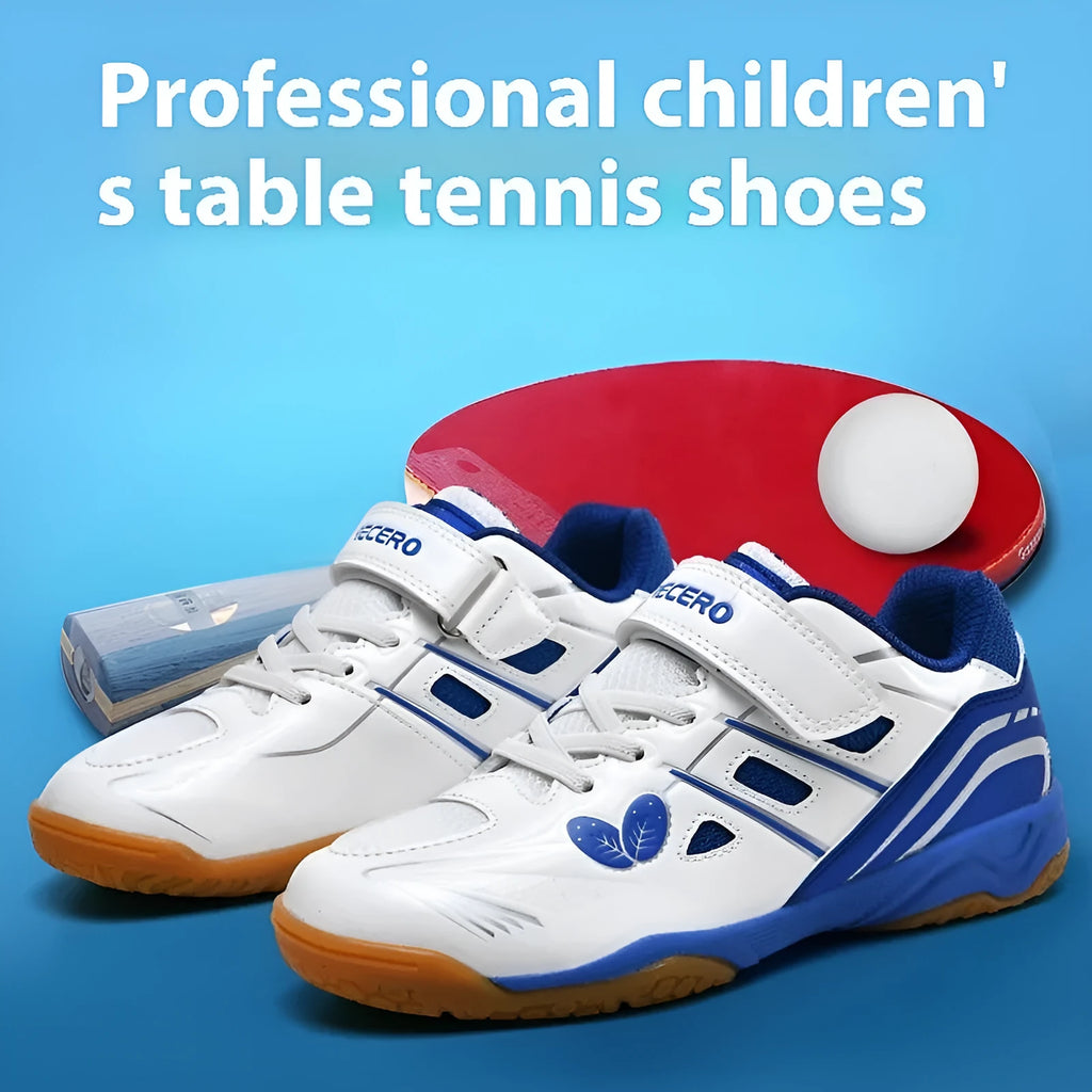 White and blue lightweight badminton shoes with a low-top PVC upper and ribbed sole.