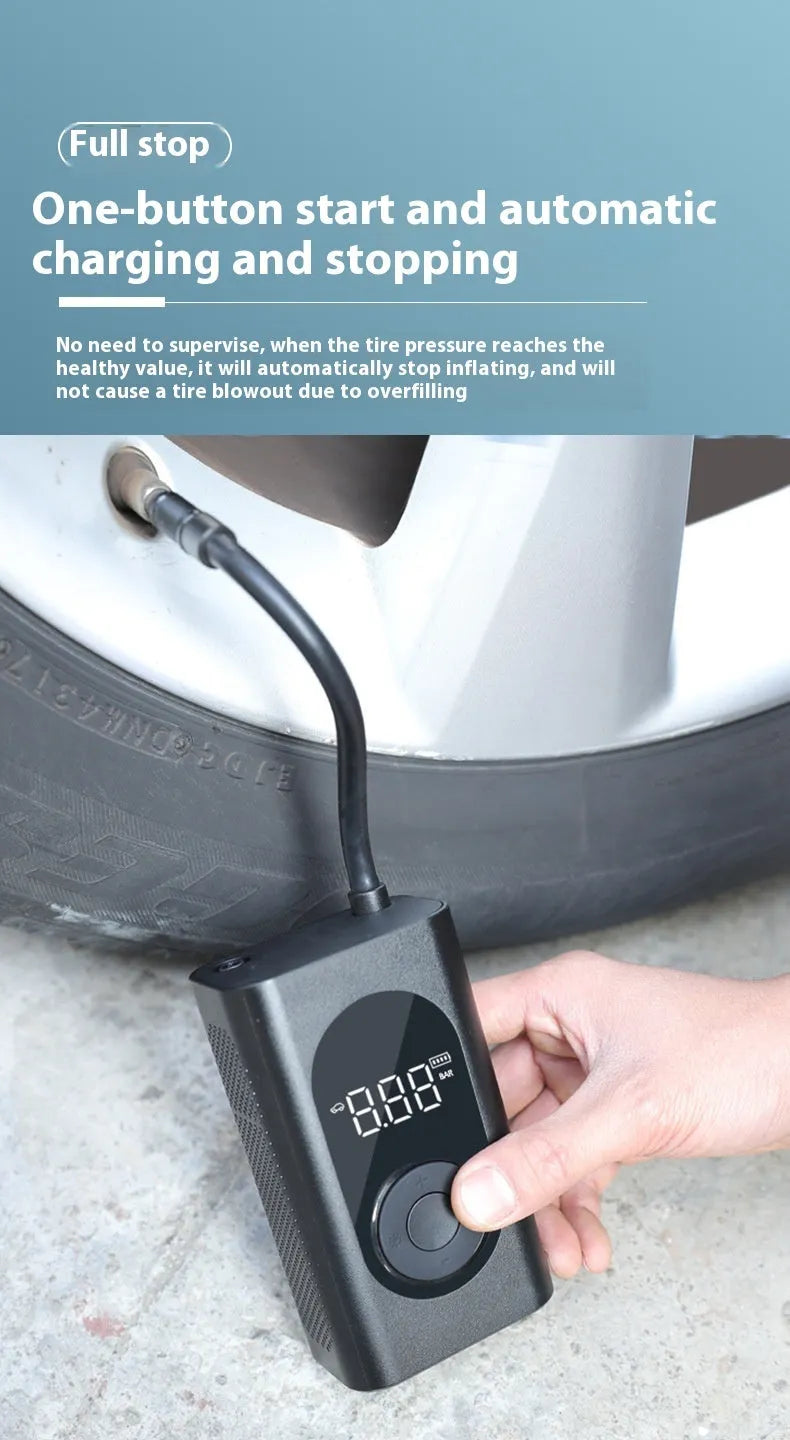 Handheld wireless tyre pump with digital display, air hose, USB cable, and LED flashlight.