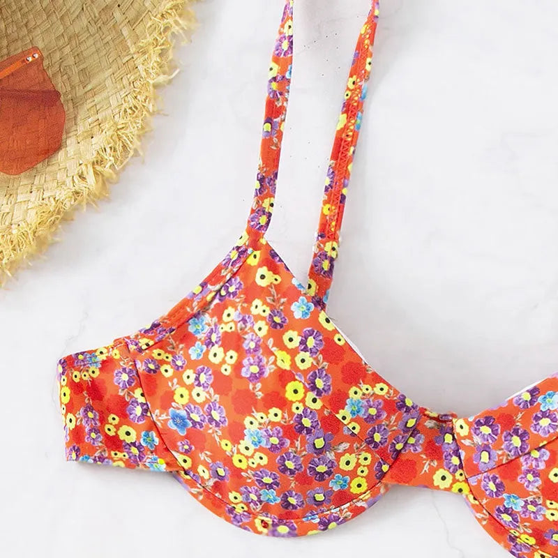 Women's high waist floral split swimsuit in red polyester, available in sizes S M L XL