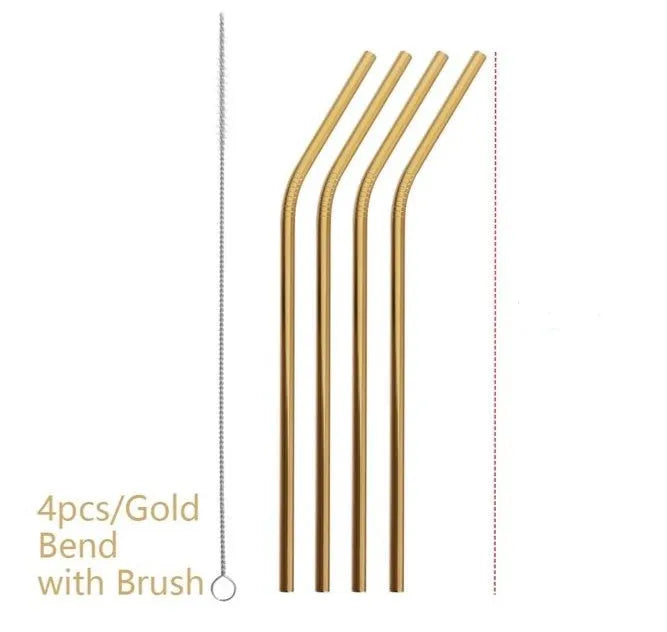 Set of stainless steel reusable straws in multiple sizes with cleaning brush