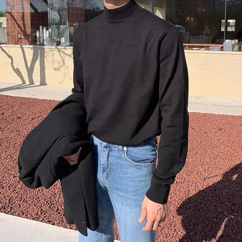 Korean men's cotton mock neck sweater long sleeve loose fit pullover in black