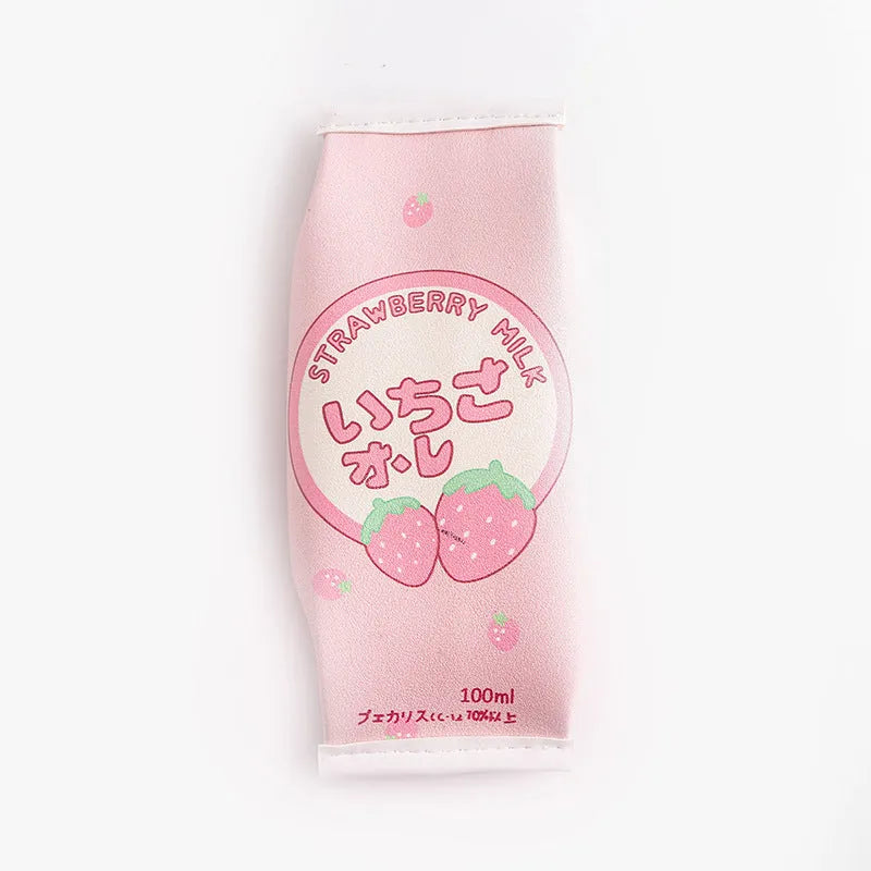 Leather strawberry milk carton pencil case with medium soft hardness in pink and red colours