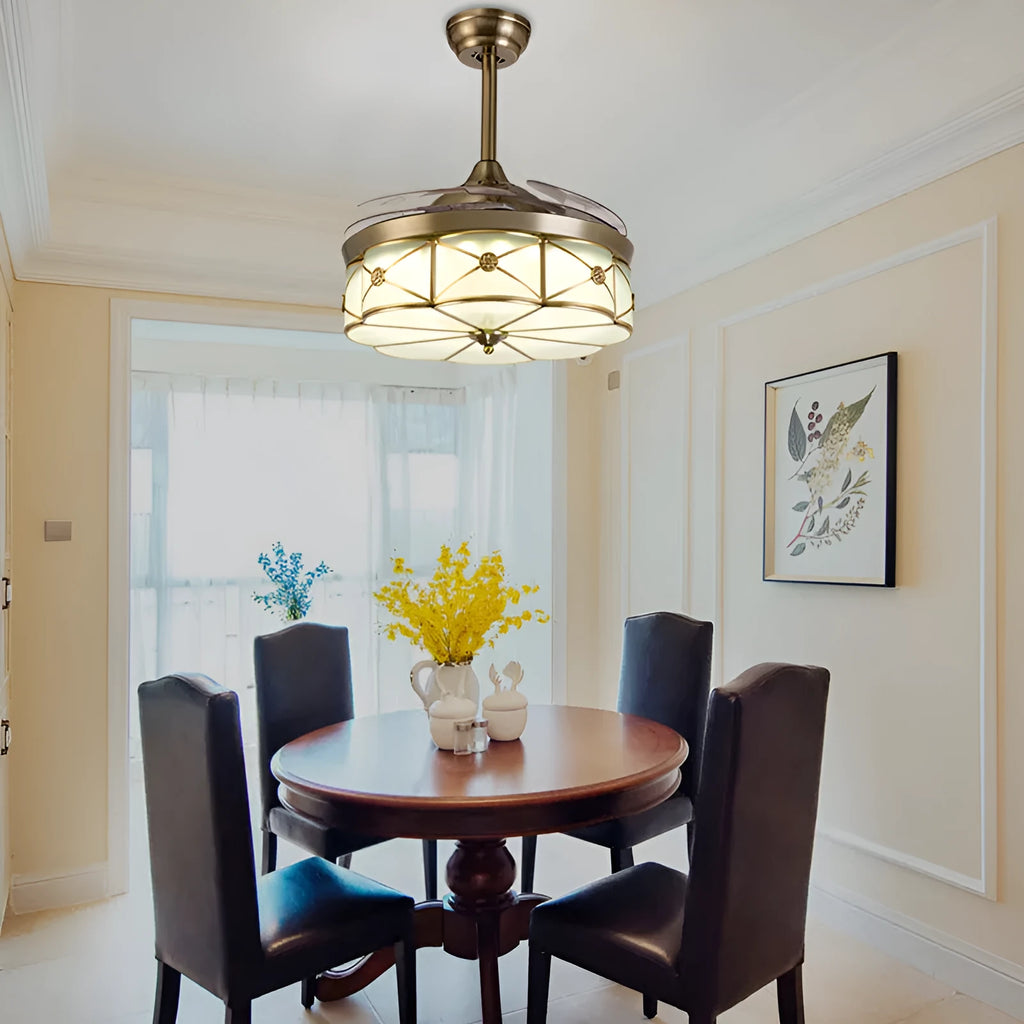 Golden 42-inch remote-controlled silent ceiling fan light with invisible blades and LED lighting