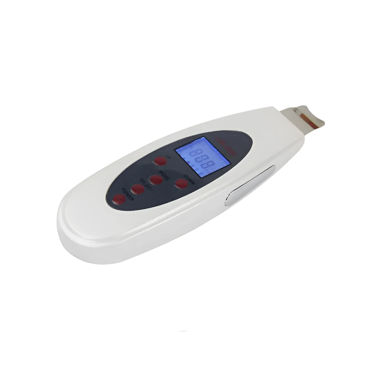 White ultrasonic skin cleaner with spatula probe, ABS body, 1.75m cable, for blackhead removal and facial cleaning