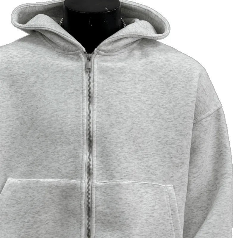 Men's light gray hooded casual coat with a distinctive backpack design on the back.