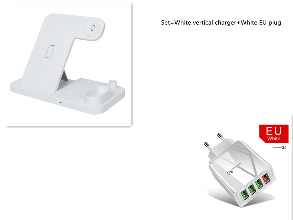 Black 4-in-1 wireless charging station with phone on adjustable magnetic stand, charging Apple Watch, AirPods, and Apple Pencil.
