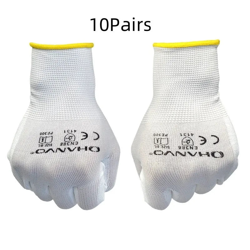 White PU coated work gloves showing flexible design and 24cm length, suitable for labour and gardening