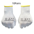 White PU coated work gloves showing flexible design and 24cm length, suitable for labour and gardening