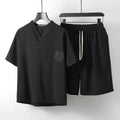 Loose fit cotton linen two-piece menswear set with short sleeve top and matching shorts