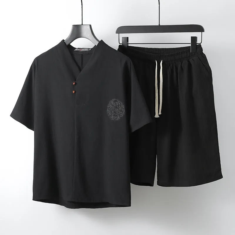 Loose fit cotton linen two-piece menswear set with short sleeve top and matching shorts