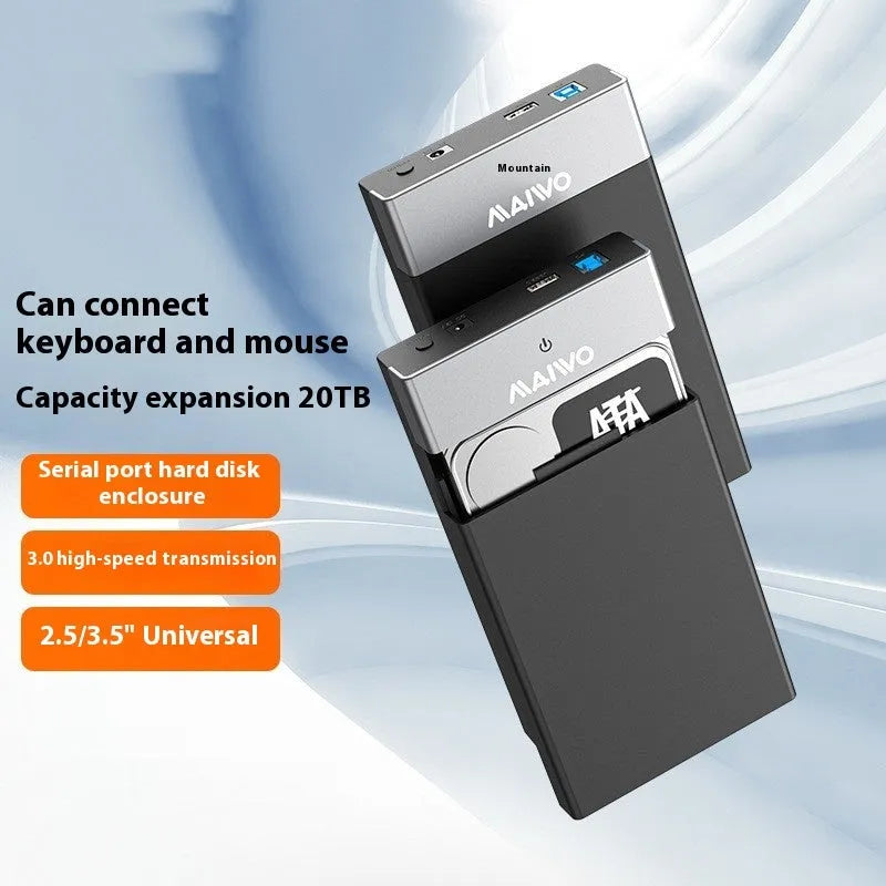 3.5-inch external hard drive enclosure in ABS plastic with USB 3.0 cable and power supply.