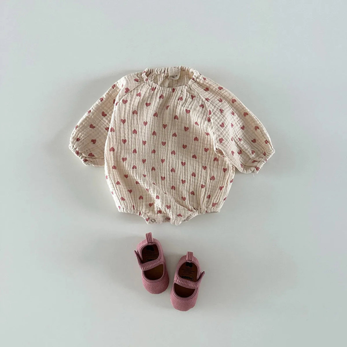 Cotton double-layer gauze casual romper for babies, pullover style, long sleeves, pink plaid pattern