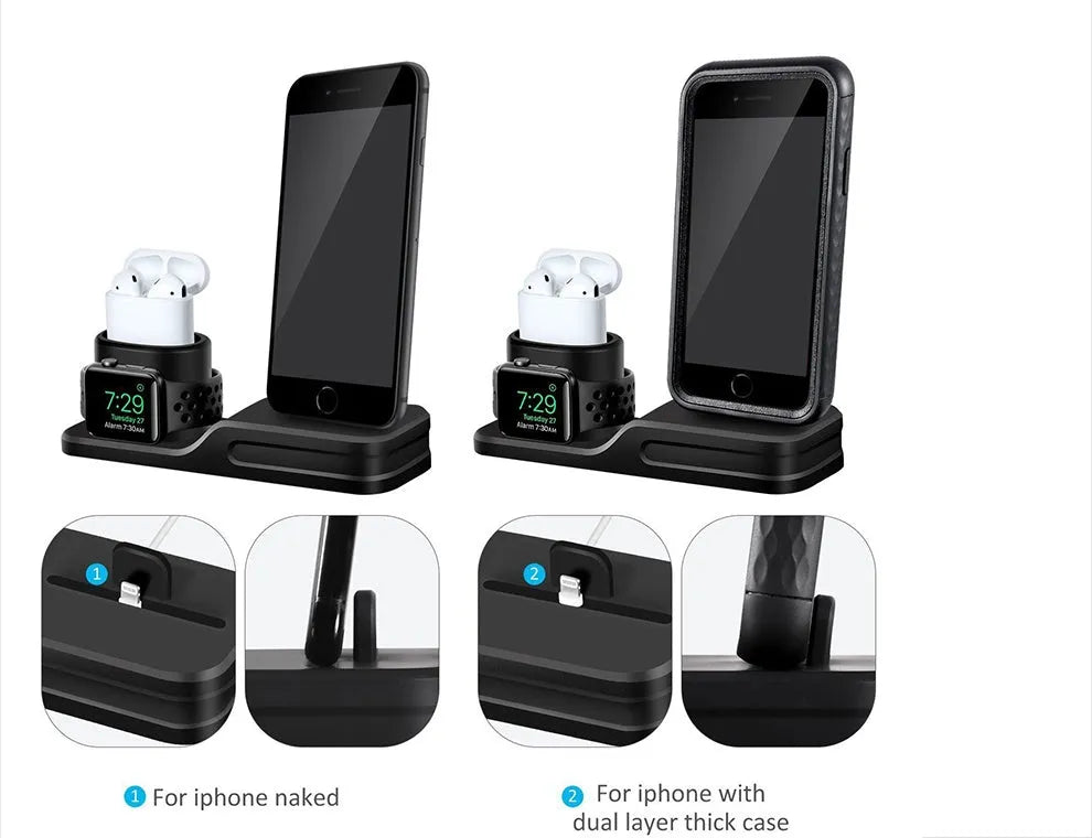 3 in 1 silicone charging stand for mobile phone, watch and headset on desk, compatible with iPhone