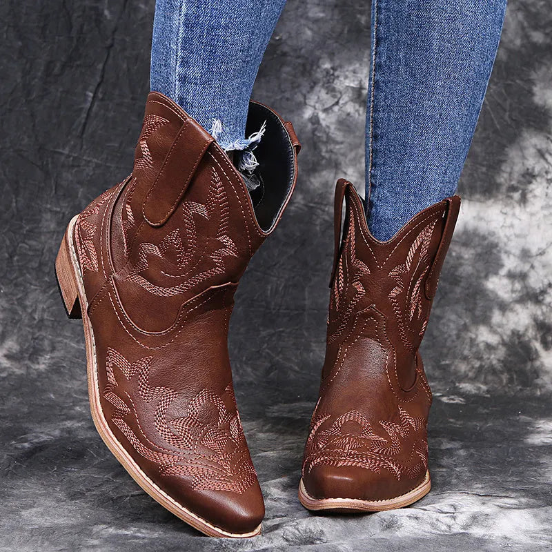 Women's embroidered cowboy boots with wedge heel in blue colour showing pointed toe and decorative stitching