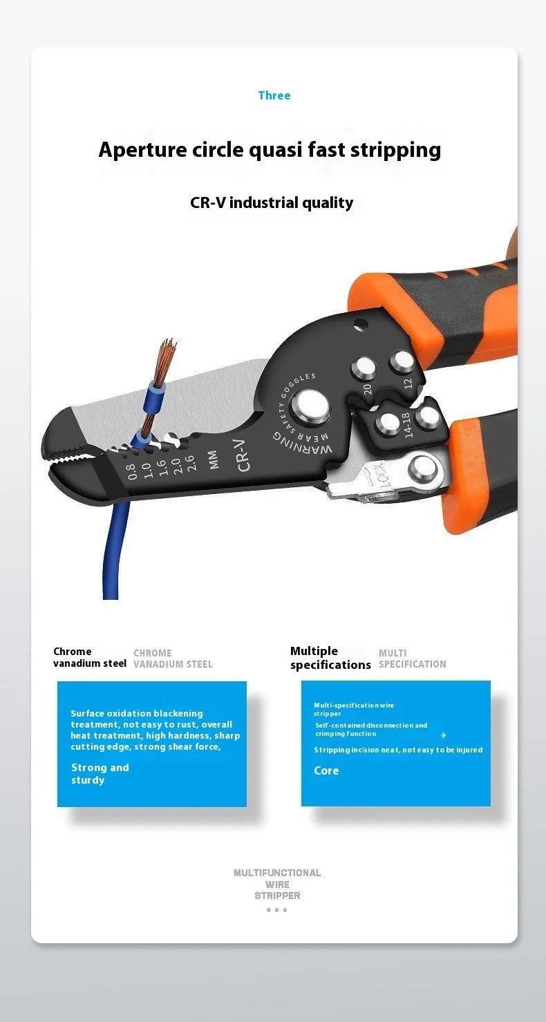 Box mounted automatic wire stripping pliers with high carbon steel blades for electrical cable work