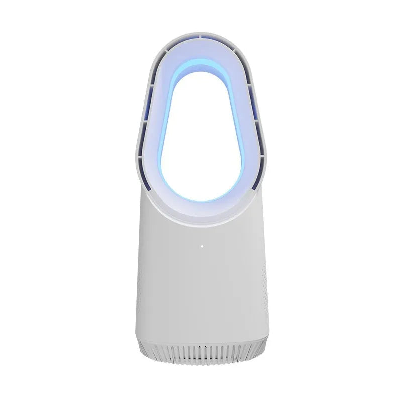White SK bladeless tower fan with remote control on desktop