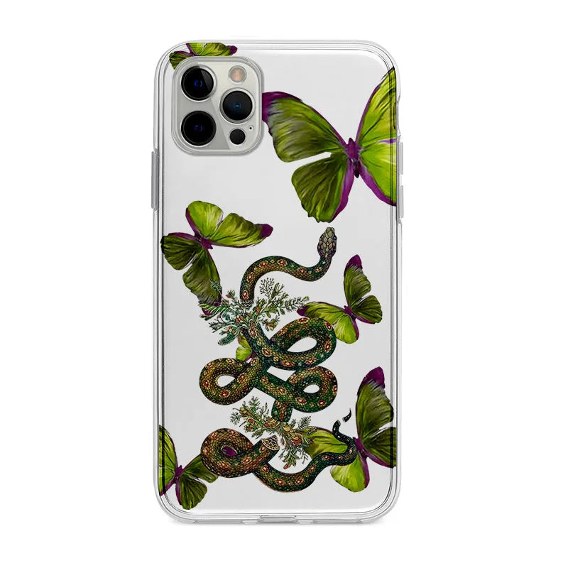 Creative funny butterfly snake silicone phone case for iPhone, transparent frosted finish