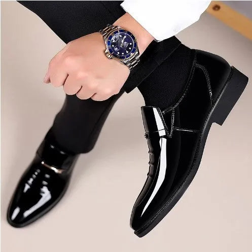 Men's business patent leather shoes in black or light brown, artificial PU upper, sizes 38-48