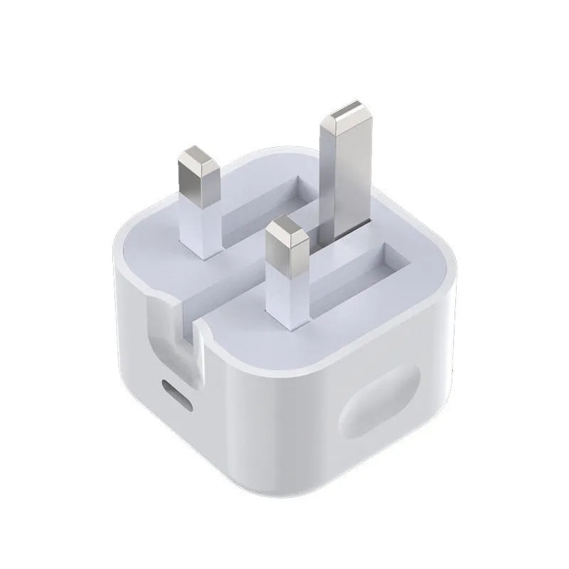 White 20W USB-C UK wall charger with a fixed three-pin plug and a USB-C cable.