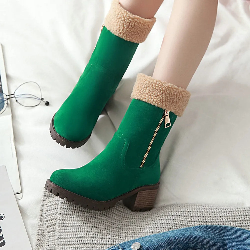 A pair of men's lace-up snow boots with a thick rubber sole and plush lining, shown in multiple colour options.