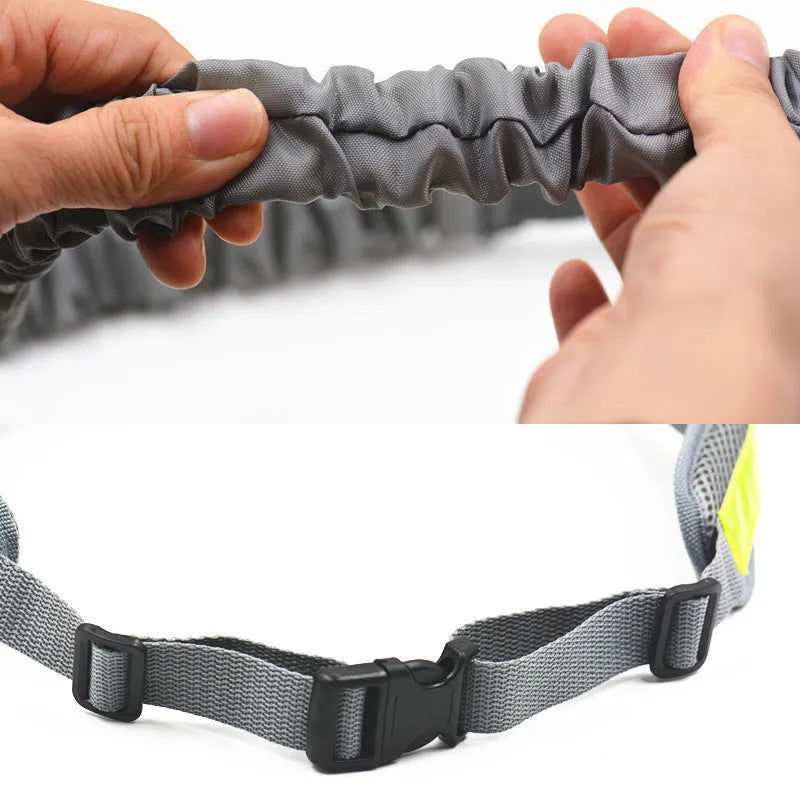 Adjustable hands-free dog leash running set with nylon retractable rope, waist belt, and two storage bags on a person jogging