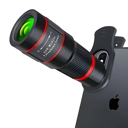 20x magnification smartphone telescope attachment with universal mounting clip and single-eye mask on a white background.