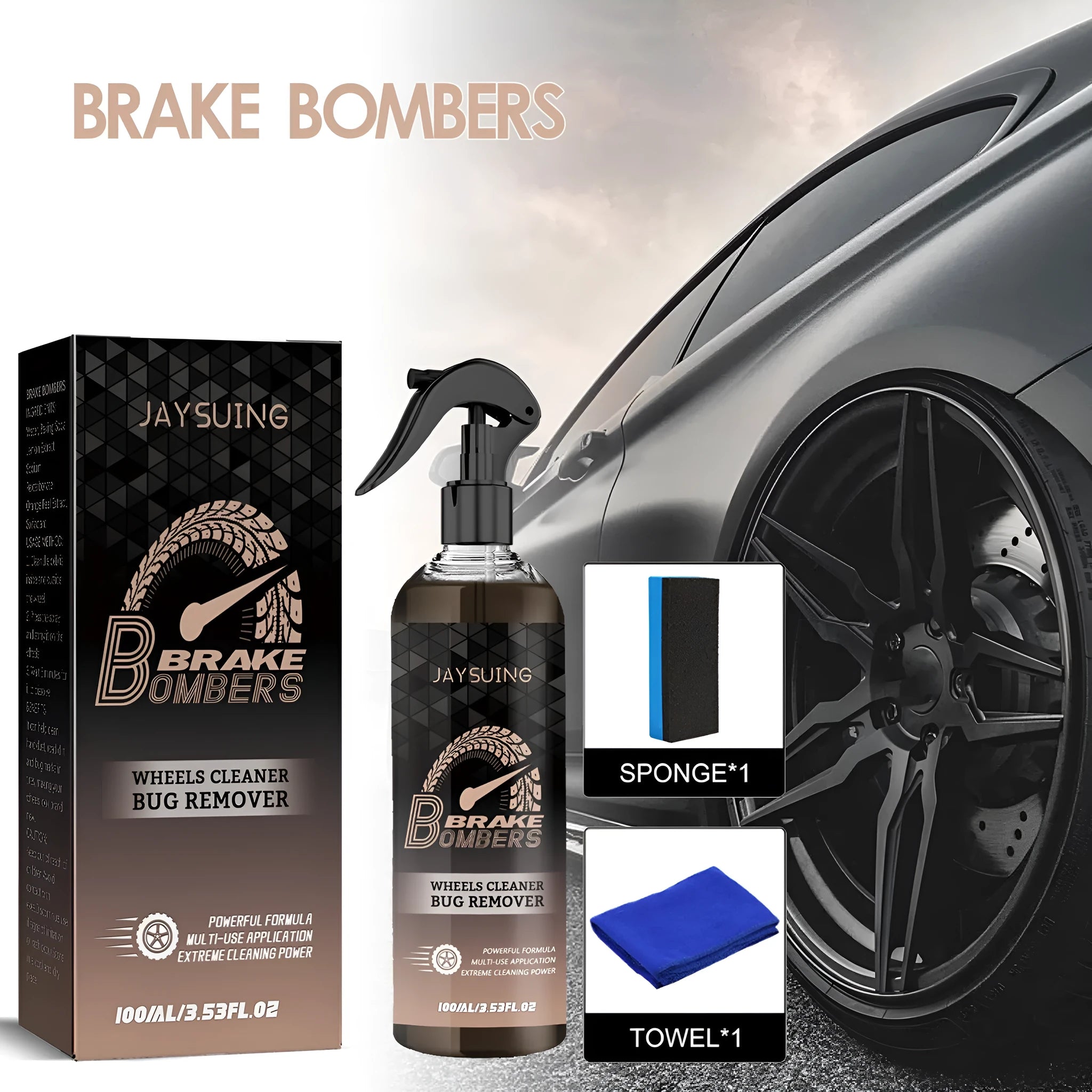 Car brake cleanser kit with 100ml bottle, sponge, and cloth for disc maintenance