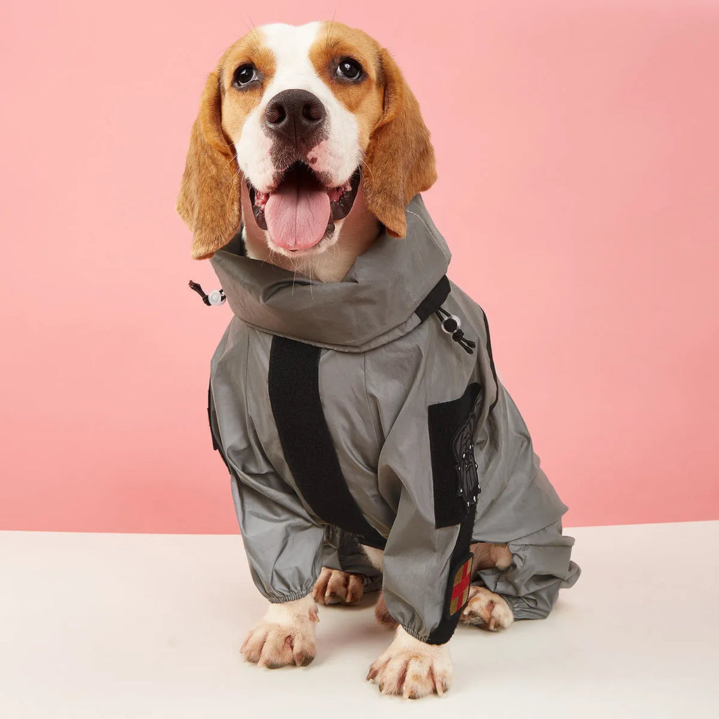 Silver reflective four-legged large dog raincoat made of PU coated polyester