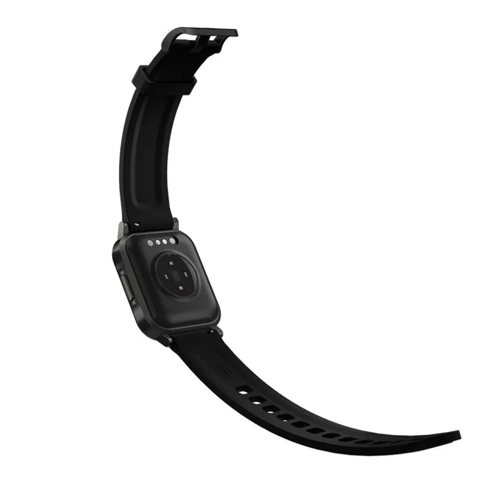Black waterproof smart bracelet with touchscreen showing heart rate data on a silicone strap