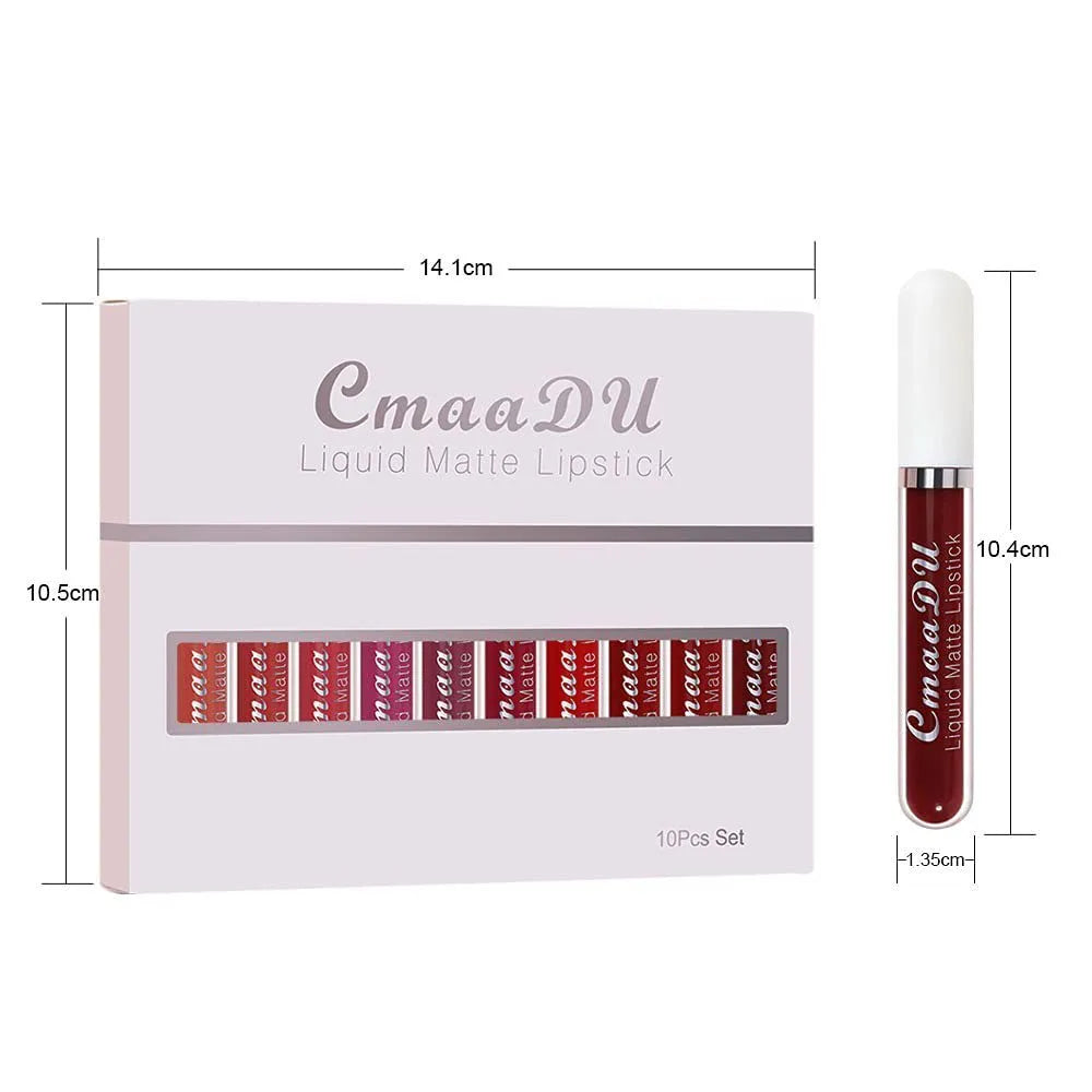 Ten pieces of matte long lasting waterproof lip gloss in assorted colours on a white background