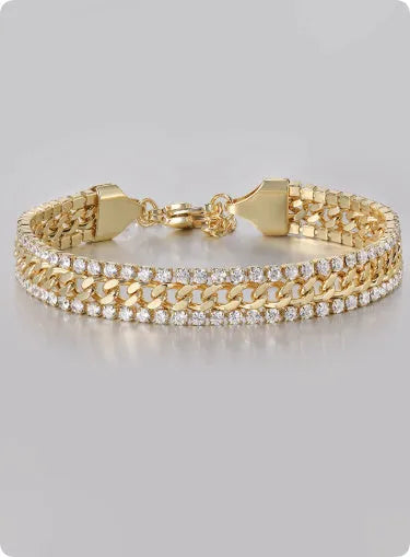 Gold tennis bracelet with artificial gemstone inlay on titanium steel band