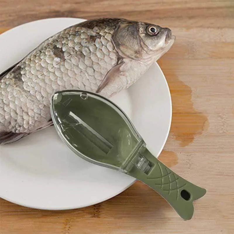 Fish-shaped scale scraper kitchen tool in white green or blue with cover and hanging hole
