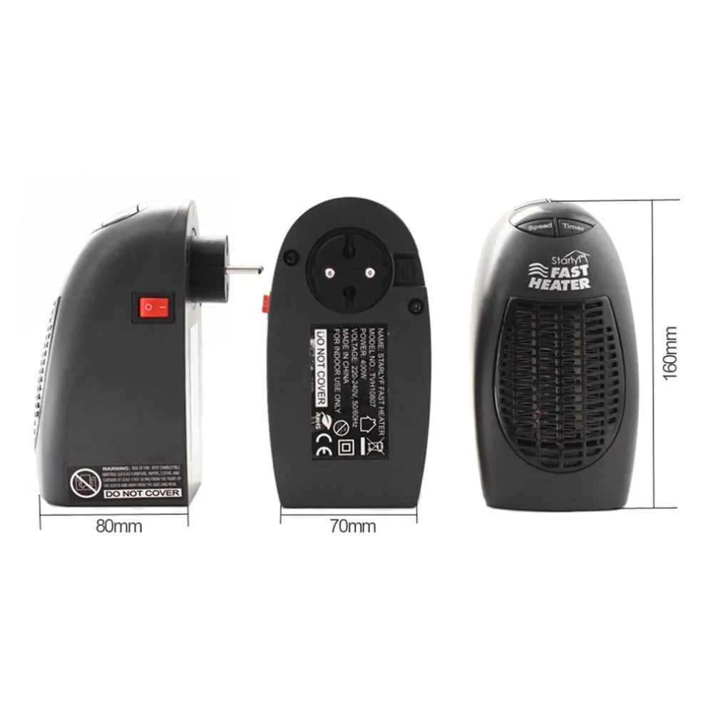 Black compact ceramic mini electric heater with digital display and a rotating three-prong plug.