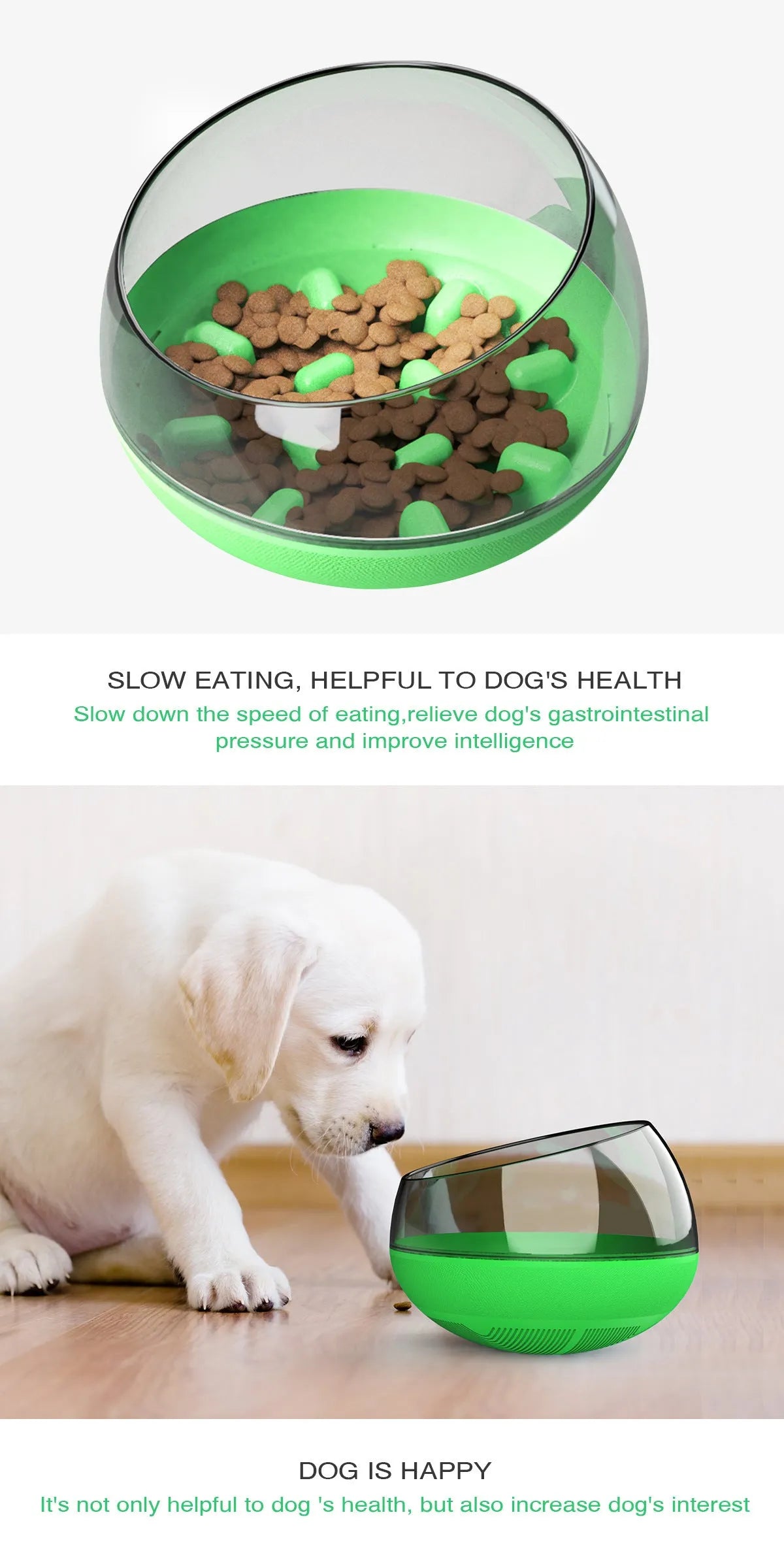 Plastic slow food bowl for pets, 19 x 19 x 14 cm, shown in blue, green, or yellow