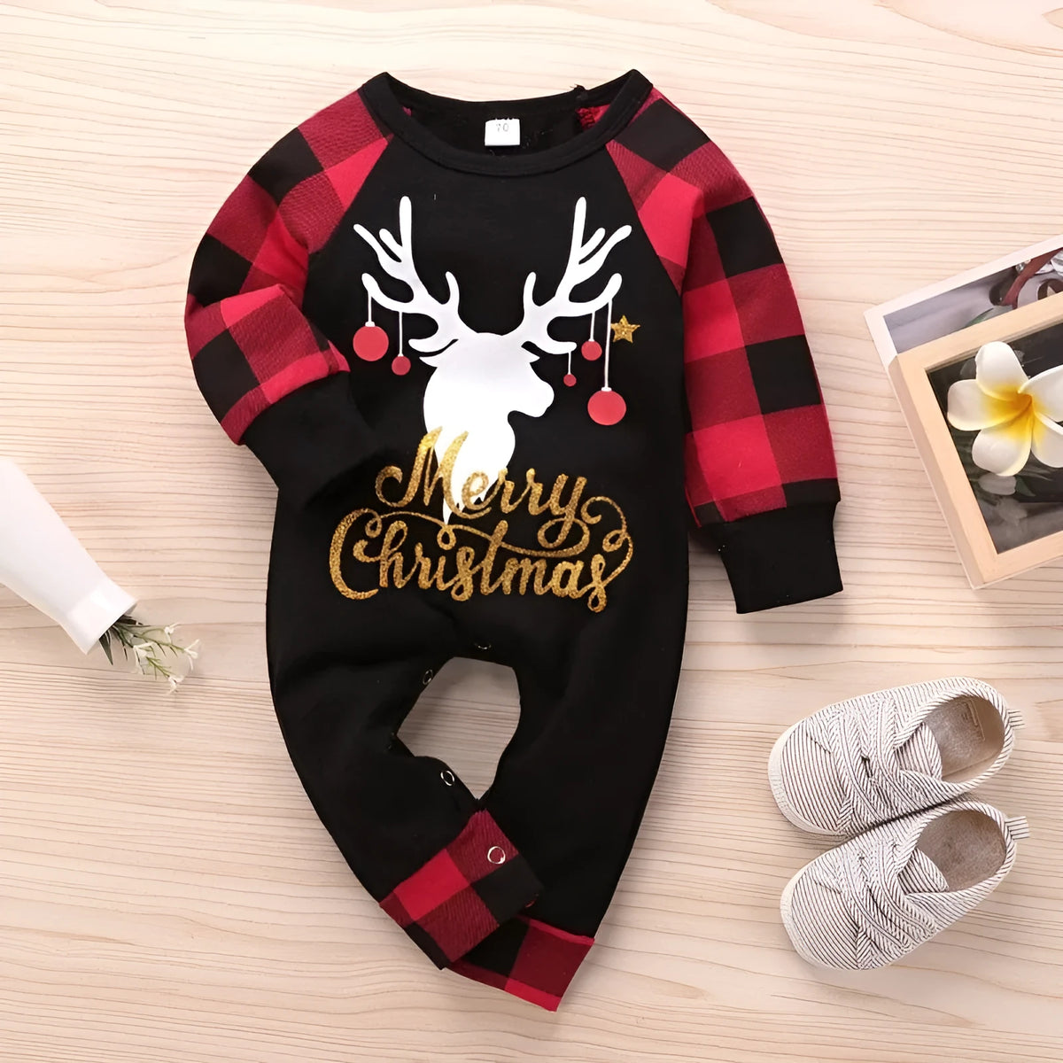 Red plaid Christmas romper with elk design for baby, long sleeves, cotton fabric, available in sizes 70cm to 100cm