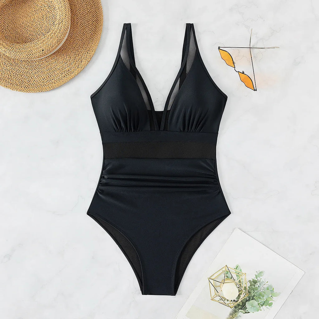 Black pure colour mesh halter one-piece swimsuit with brief coverage and sleeveless design