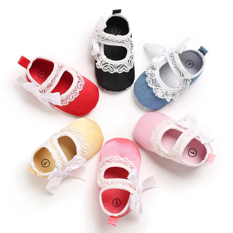 Baby toddler princess shoes with cotton upper, Velcro fastening, and non-slip sole on a white background